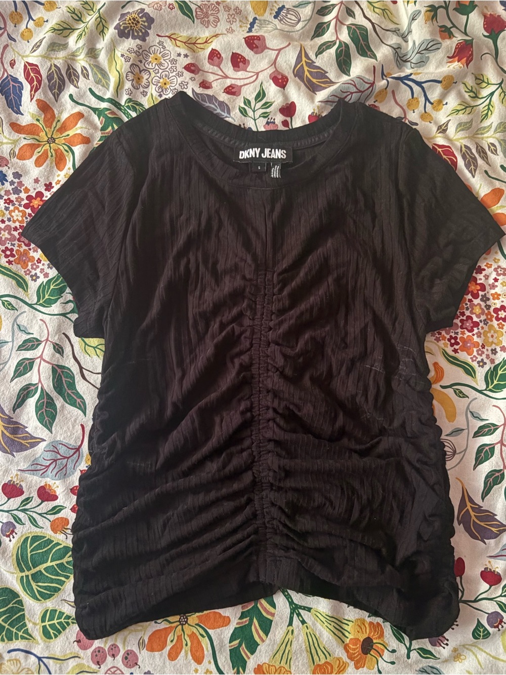 DKNY Black ribbed ruched top size S